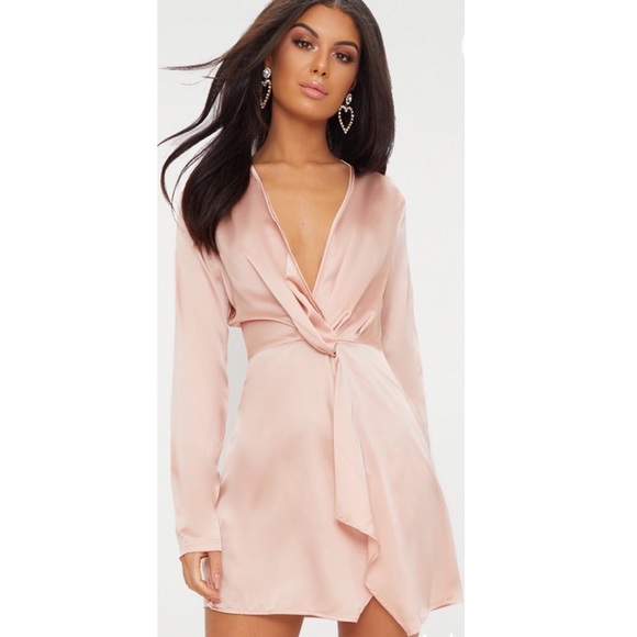 long sleeve pink satin dress
